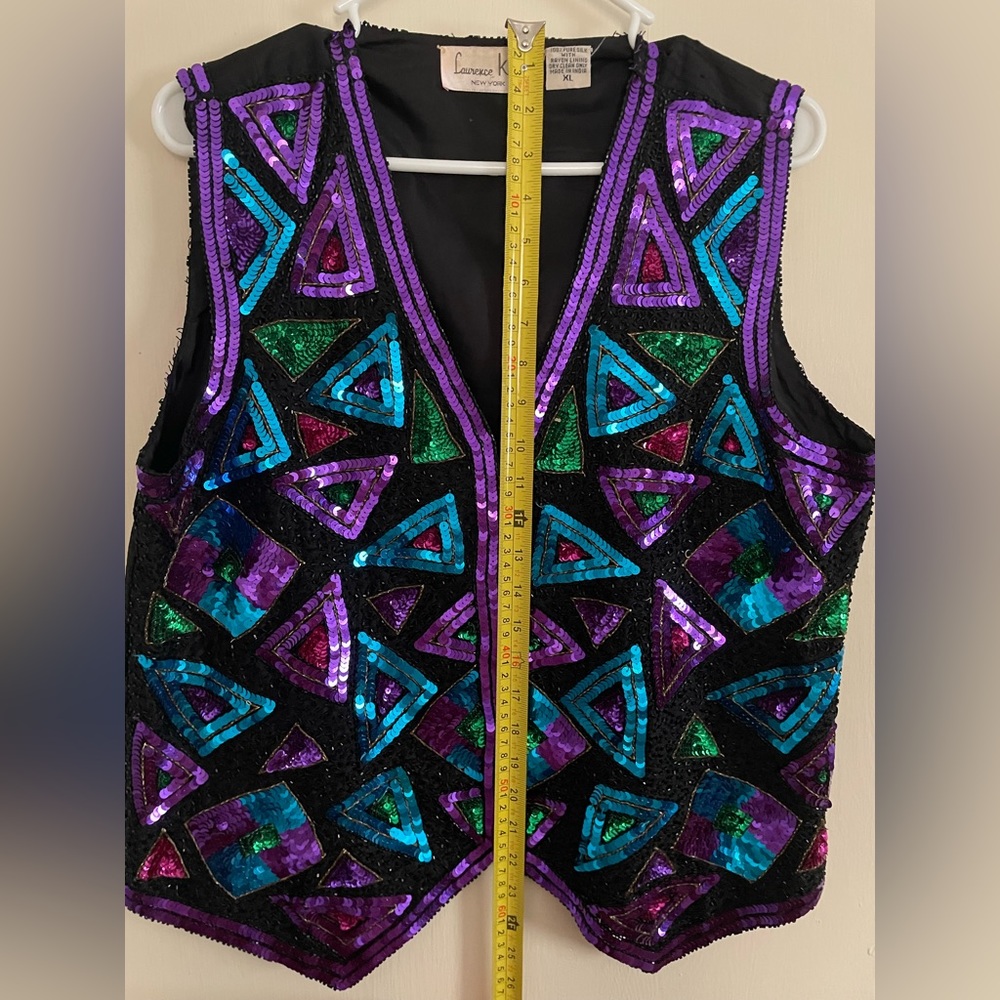 Lawrence Kazar Retro Vest Black Silk with Blue and Purple Sequins XL